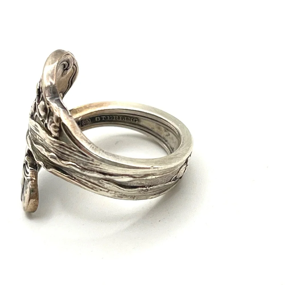 Vintage Sterling Silver Floral Spoon Ring‎ Bypass Statement Band Size 5.5 8.2g
